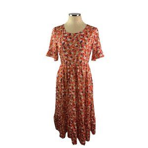 Medium Women's Floral Coral Print Tshirt Dress Midi Length Ruffle Hem‎